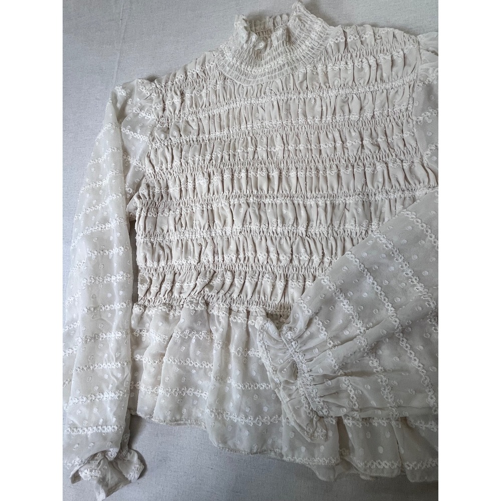 Cider Cream Smocked Peplum Blouse sz M Mock Neck Swiss Dot Embroidered Romantic - Picture 6 of 16